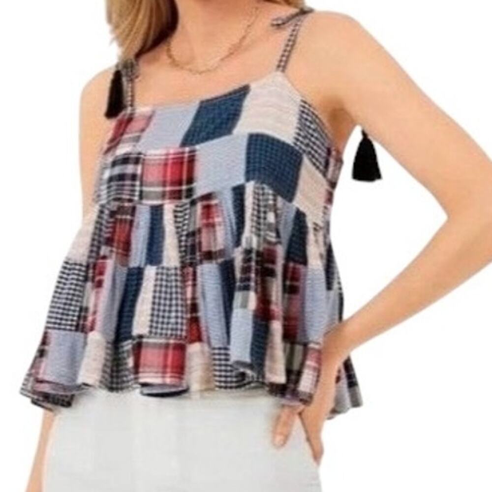 The GREAT. The Dainty Top Tassels Mixed Plaid Patchwork Peplum Red White Blue M